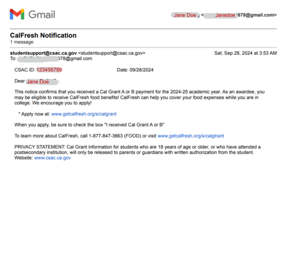 (calfresh) calfresh notification email verification